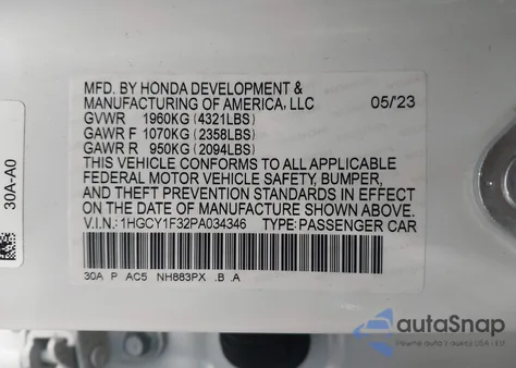 2023 Honda Accord Ex from USA, damaged, VIN 1HGCY1F32PA034346